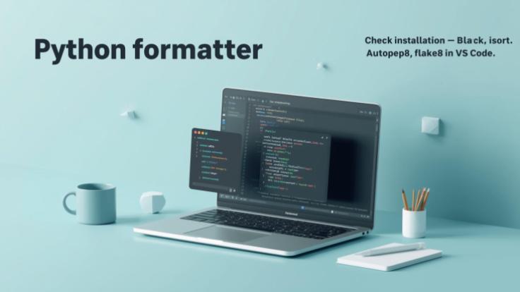 3D flat tech workspace scene showing a laptop with VS Code open, terminal window displaying pip install black isort autopep8 flake8, and a floating settings.json panel; subtle UI elements showing formatted-NqQ5hqdQZL.jpg